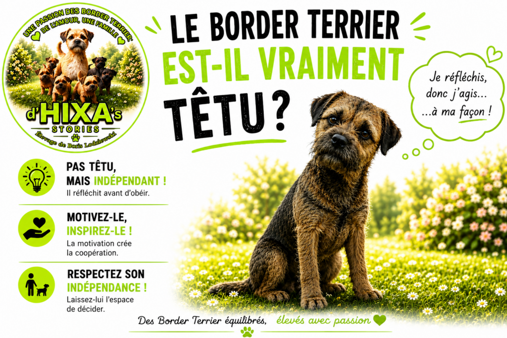 Border Terrier têtu observant son environnement à l'élevage D'Hixa's Stories, illustrant son véritable caractère de Terrier