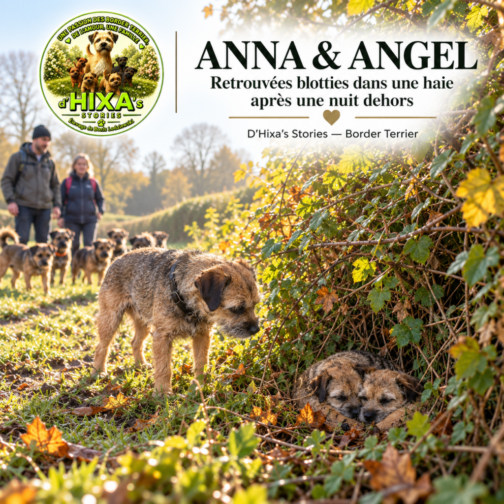 Border Terrier perdu : illustration d'Anna et Angel, deux chiennes D’Hixa’s Stories retrouvées blotties dans une haie en Normandie.