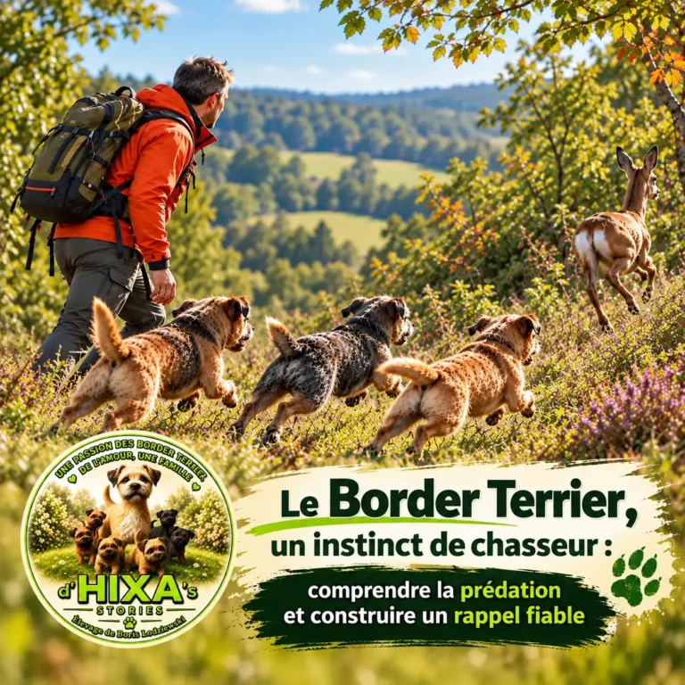 Illustration de l'instinct de chasse du Border Terrier : trois terriers en mouvement vers un chevreuil, accompagnés d'un randonneur en pleine nature.